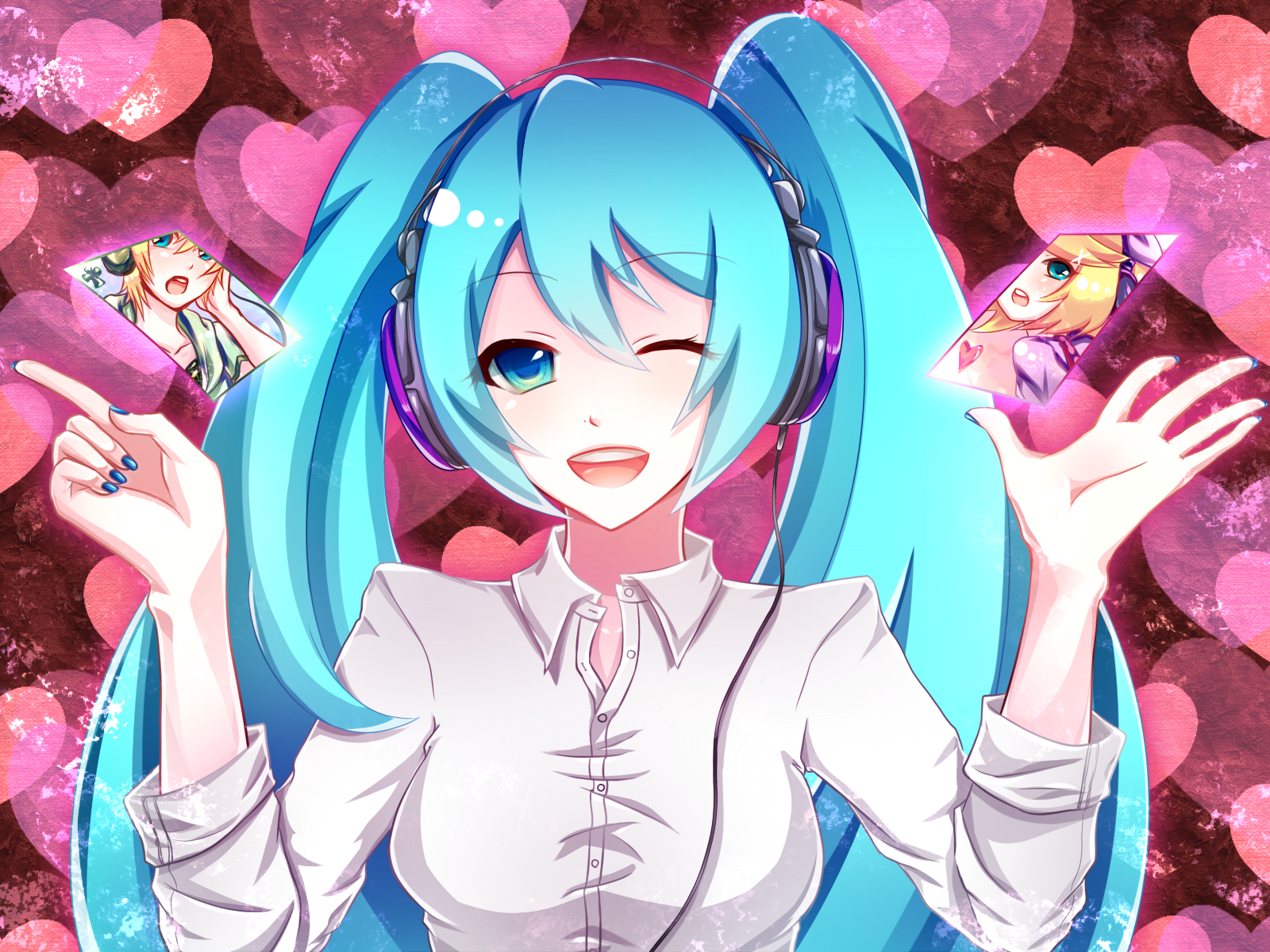 aqua_eyes, aqua_hair, hatsune_miku, headphones, heart, heki_kiri, kagamine_len, kagamine_rin, long_hair, male, twintails, vocaloid