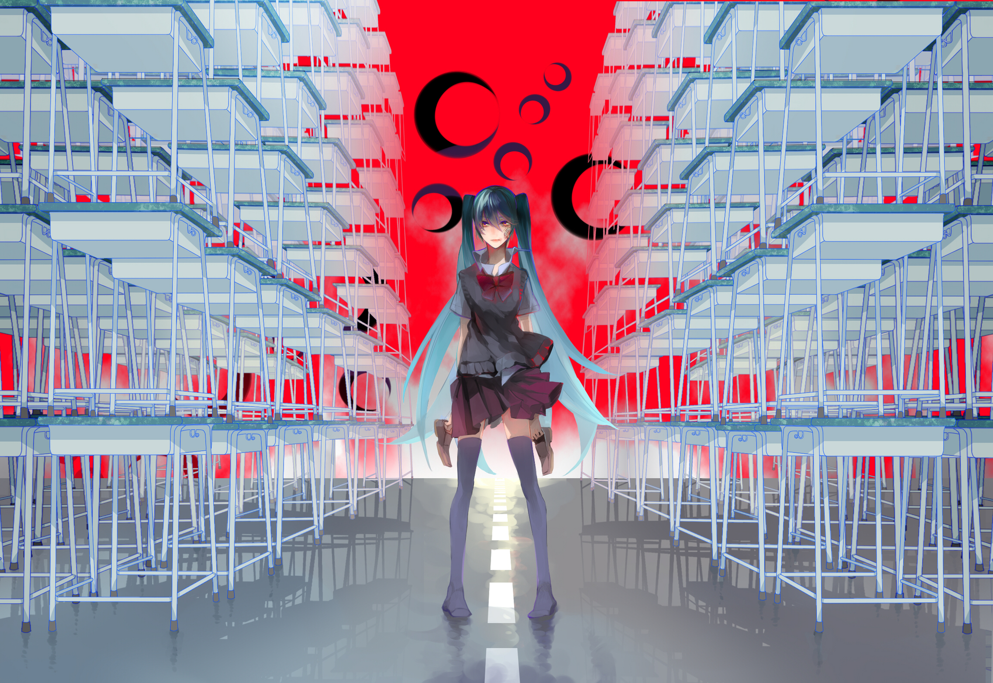 aqua_hair, bandaid, hatsune_miku, kanamura_ren, long_hair, rolling_girl_(vocaloid), school_uniform, skirt, thighhighs, twintails, vocaloid