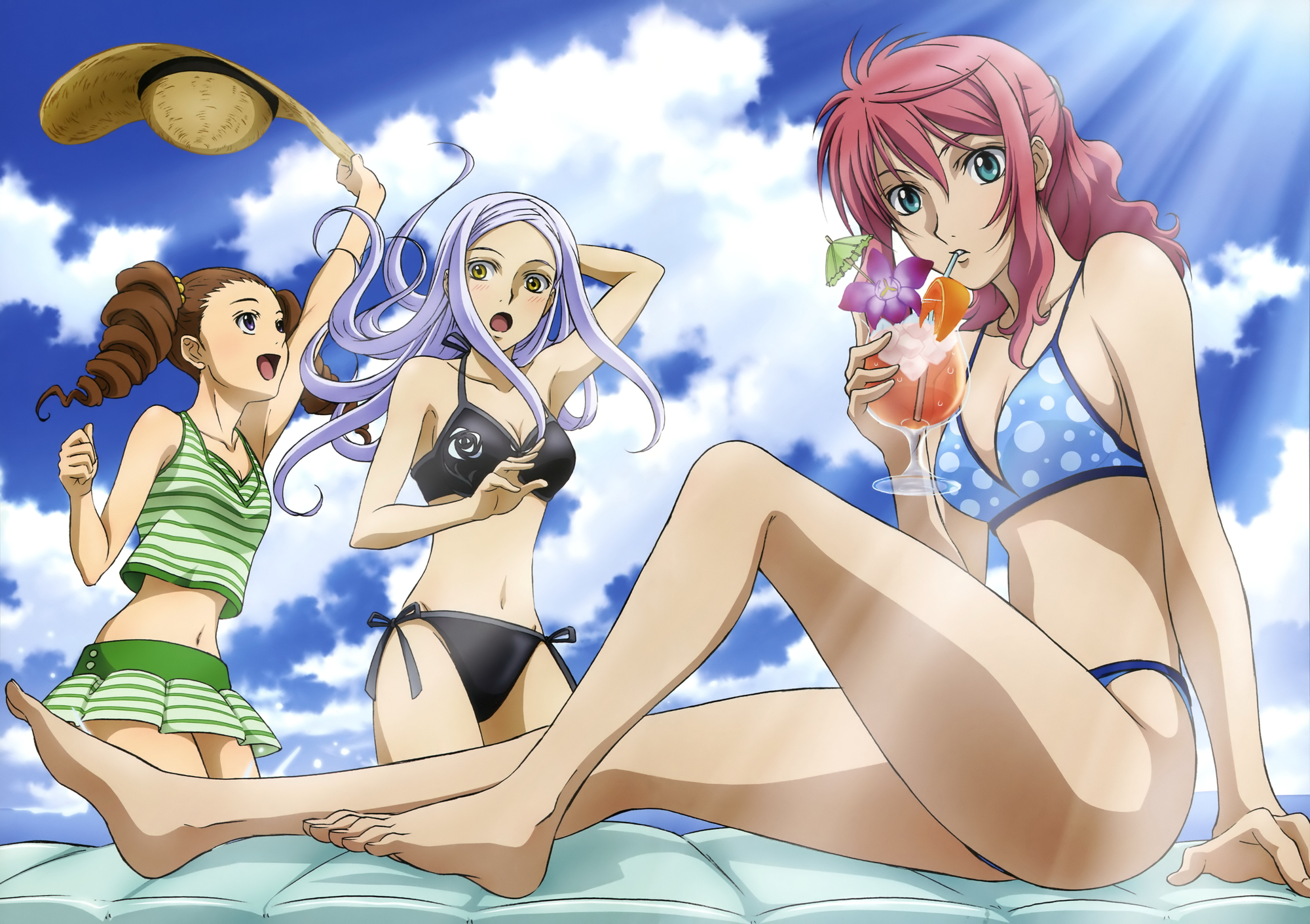 aqua_eyes, brown_hair, feldt_grace, ikeda_kayo, mileina_vashti, mobile_suit_gundam, mobile_suit_gundam_00, pink_hair, purple_eyes, soma_peries, swimsuit, white_hair, yellow_eyes