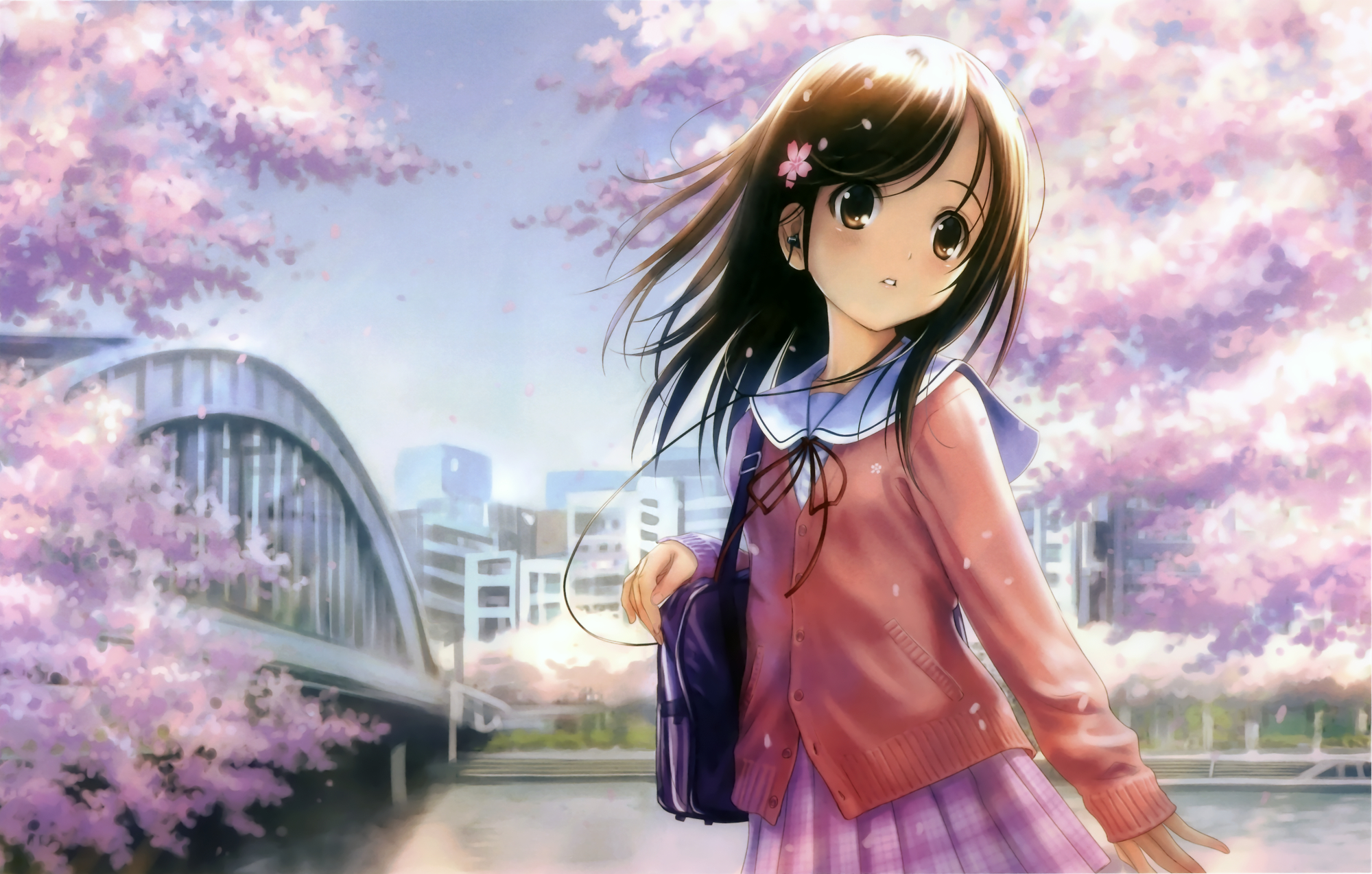 brown_eyes, brown_hair, cherry_blossoms, flowers, goto_p, headphones, petals, scan, school_uniform