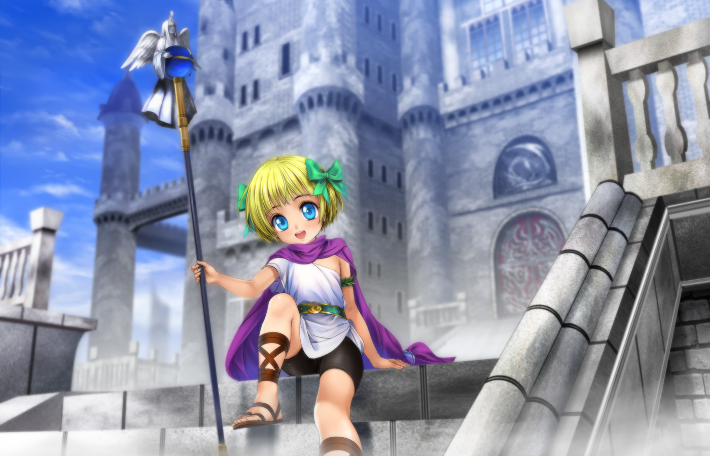 bianca's_daughter, bike_shorts, blonde_hair, dragon_quest, loli, moonknives, shorts, staff