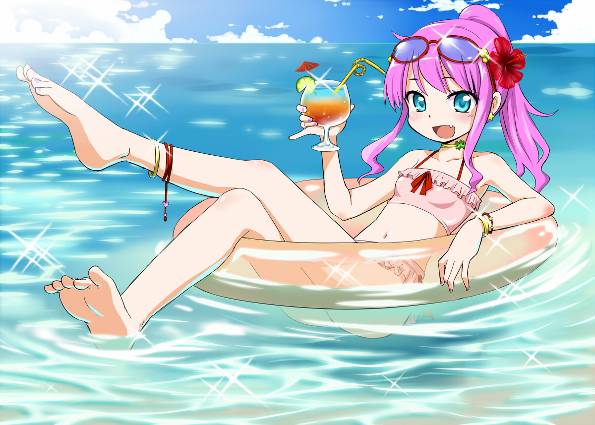 barefoot, blue_eyes, drink, flowers, glasses, original, pink_hair, sunglasses