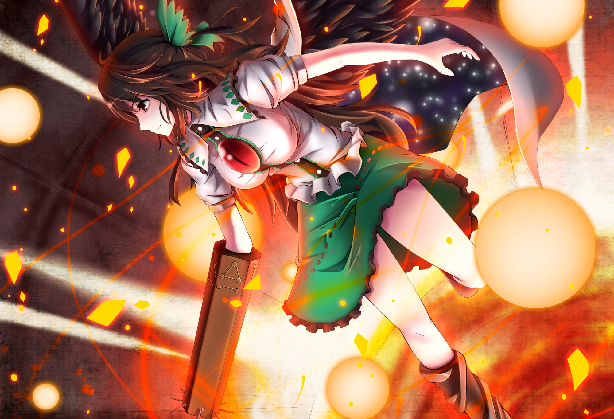 brown_hair, cape, fire, gayprince, long_hair, red_eyes, reiuji_utsuho, skirt