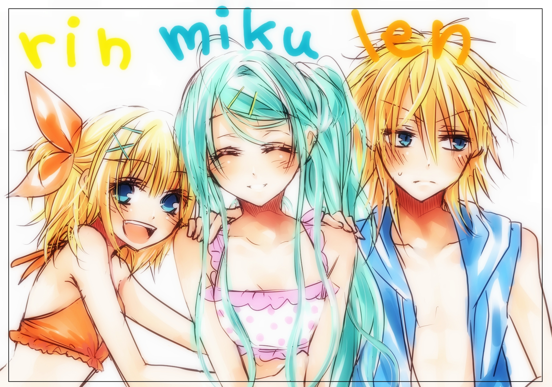 bikini, hatsune_miku, kagamine_len, kagamine_rin, male, sakuragi_mikan, swimsuit, twintails, vocaloid, white