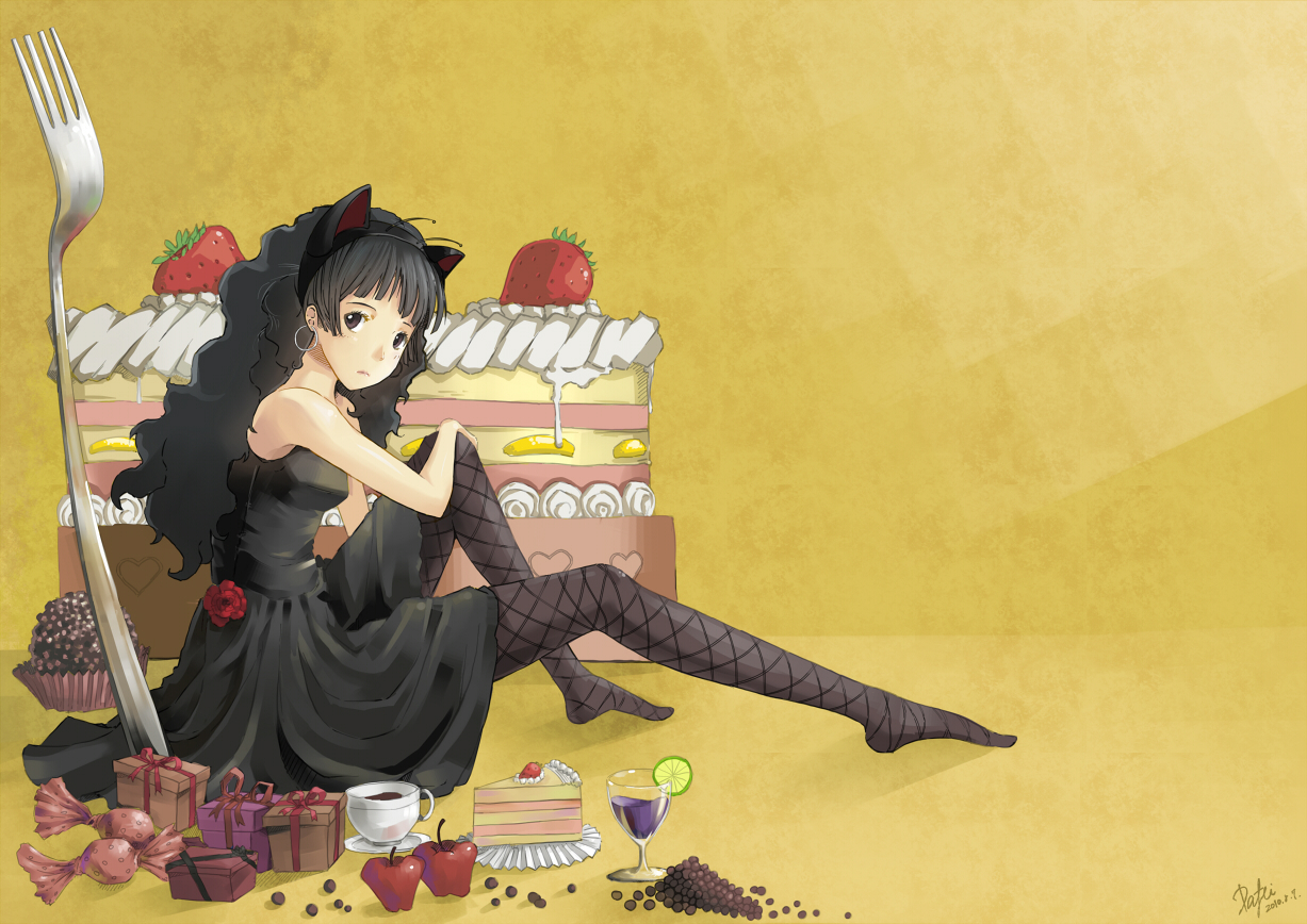 akiyama_mio, animal_ears, black_hair, catgirl, dafei, dress, food, k-on!, pantyhose
