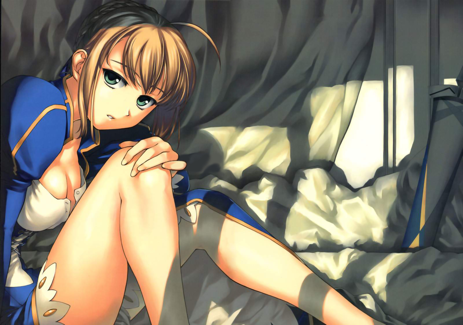 aqua_eyes, artoria_pendragon_(all), blonde_hair, breasts, cleavage, dress, fate_(series), fate/stay_night, long_hair, saber, tanaka_shoutarou