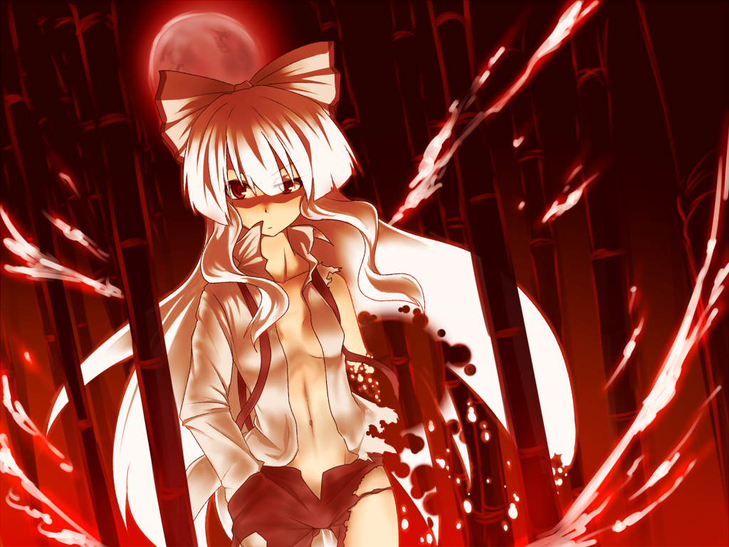 fujiwara_no_mokou, kuromiya, moon, open_shirt, red, torn_clothes, touhou