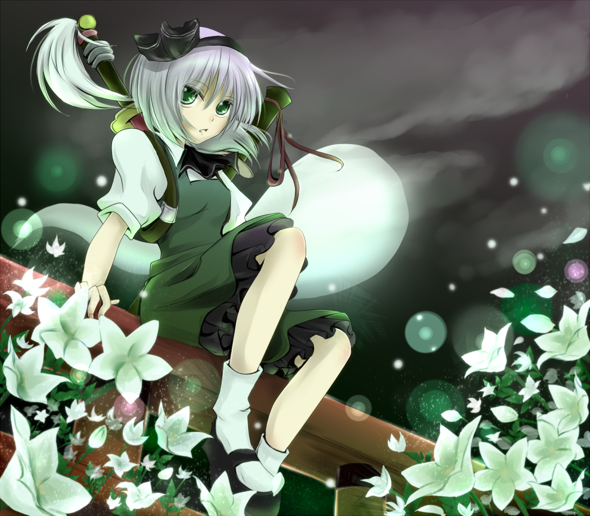 clouds, dress, flowers, gray_hair, green_eyes, katana, konpaku_youmu, myon, night, ribbons, rikkunia, short_hair, sky, sword, touhou, weapon