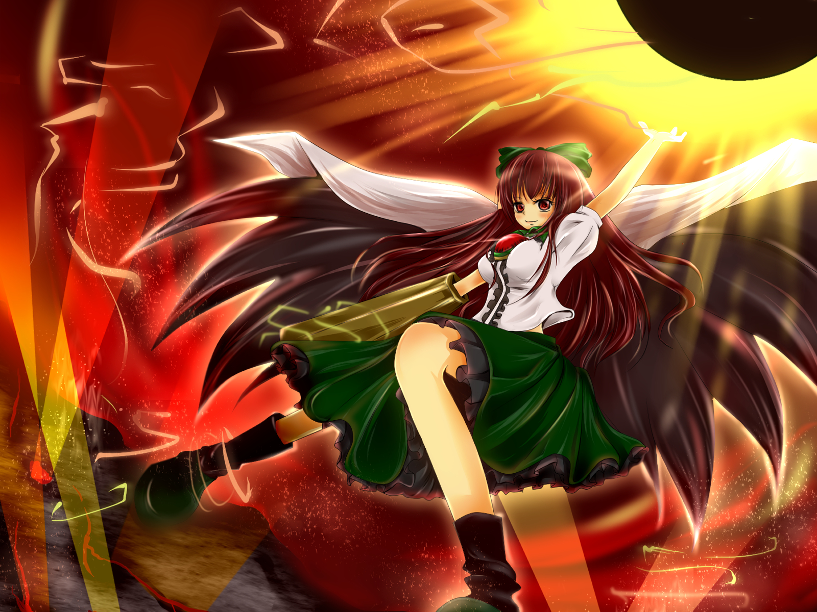 bow, brown_hair, cape, fire, long_hair, red_eyes, reiuji_utsuho, ribbons, rikkunia, skirt, touhou, weapon, wings