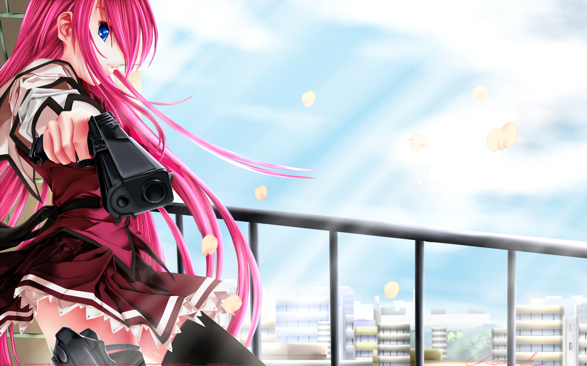 all_male, blue_eyes, gun, kisaragi_shuuji, koisuru_otome_to_shugo_no_tate, long_hair, male, otoko_no_ko, petals, pink_hair, school_uniform, senomoto_hisashi, thighhighs, weapon, yamada_taeko