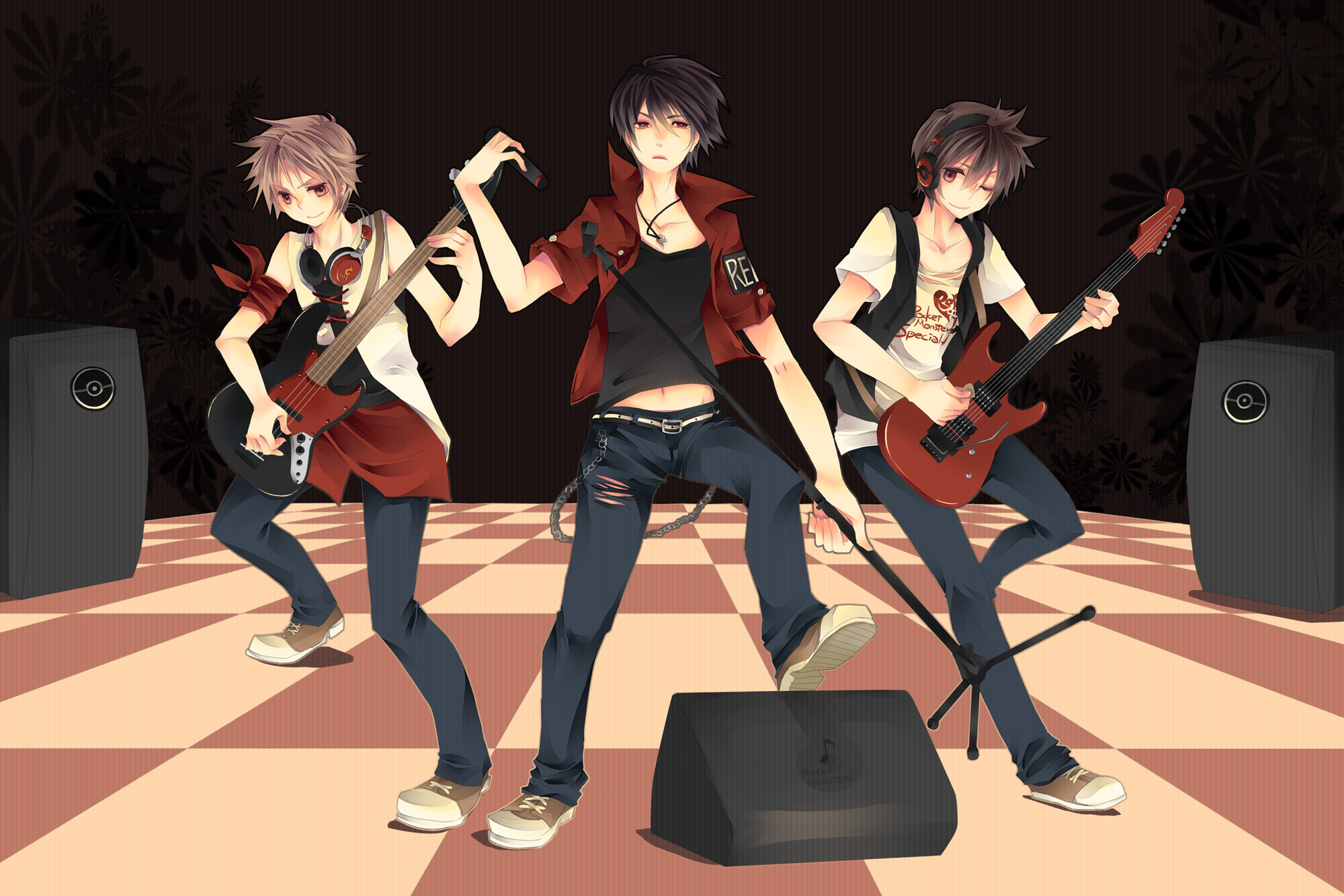 all_male, guitar, headphones, instrument, jikei, male, microphone, pokemon