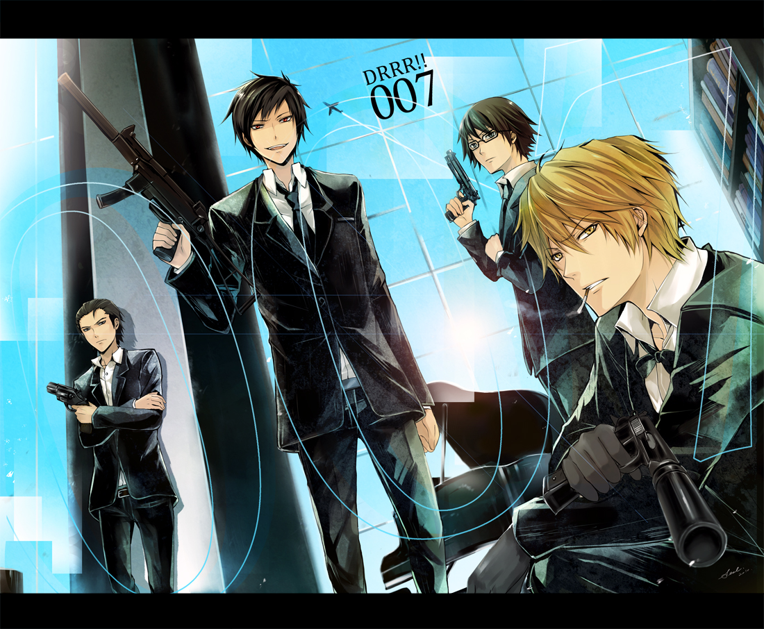 all_male, durarara!!, gun, heiwajima_shizuo, kadota_kyohei, kishitani_shinra, male, orihara_izaya