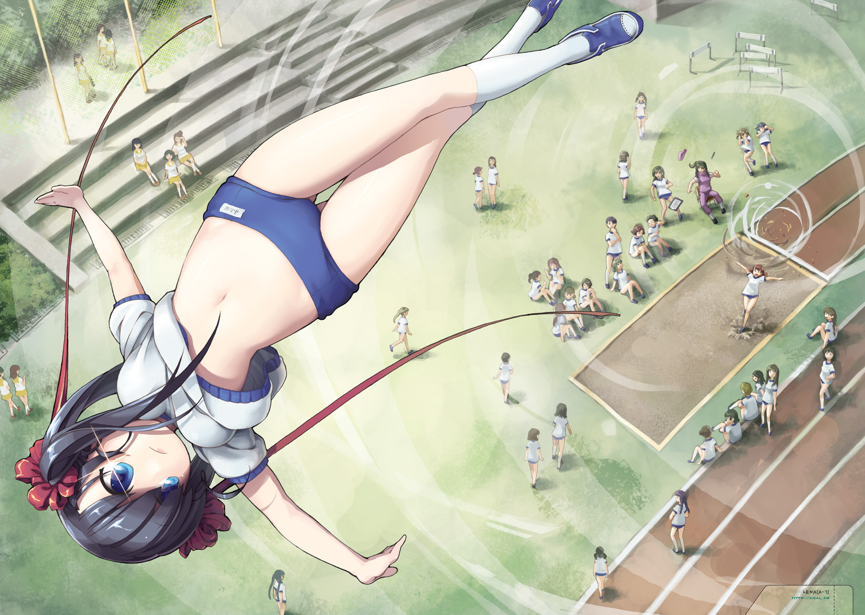 aqua_eyes, black_hair, bloomers, bow, gym_uniform, lena_(zoal), original