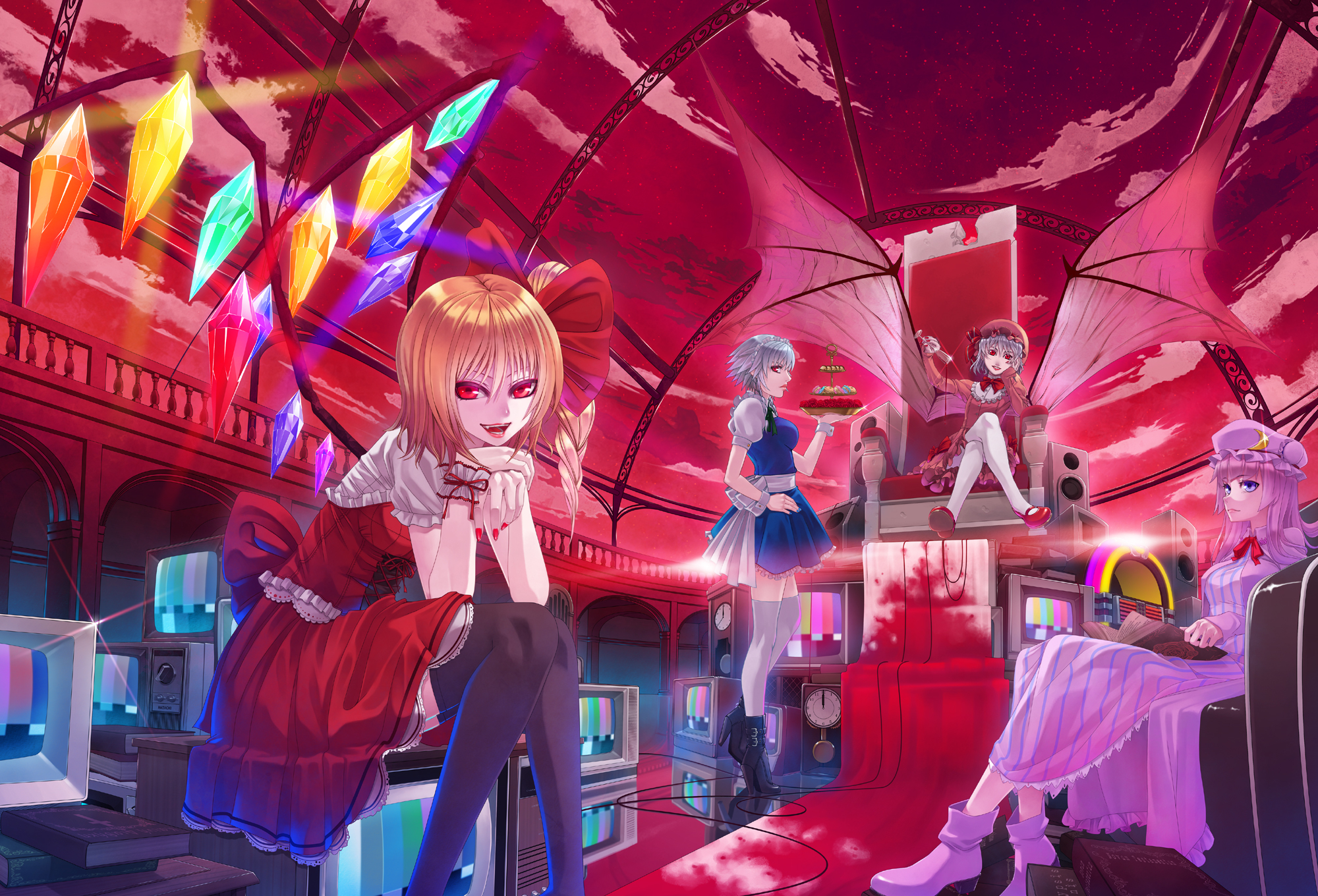 blonde_hair, blue_eyes, book, clouds, fang, flandre_scarlet, gray_hair, izayoi_sakuya