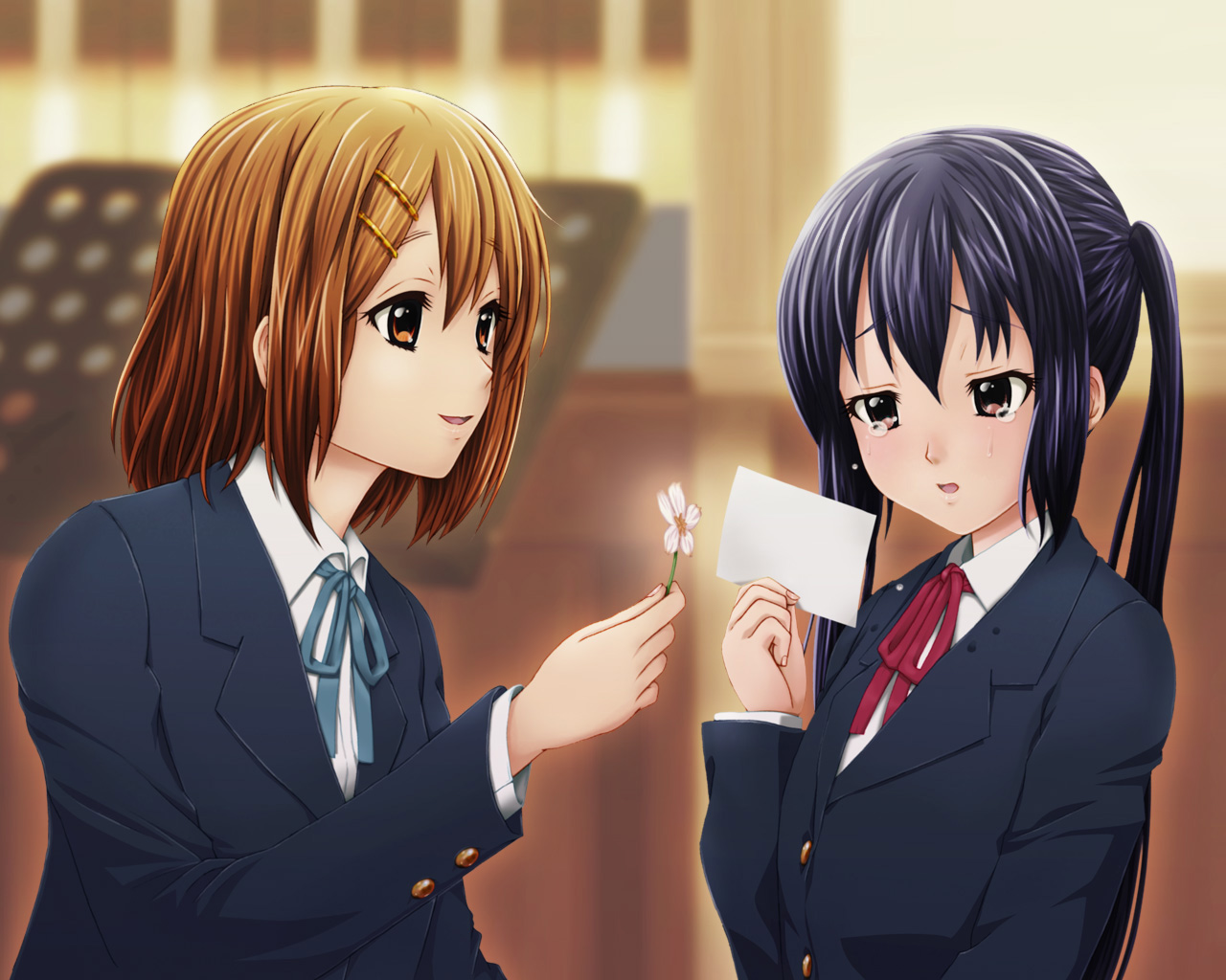 2girls, flowers, hirasawa_yui, k-on!, nakano_azusa, school_uniform, yume_robo