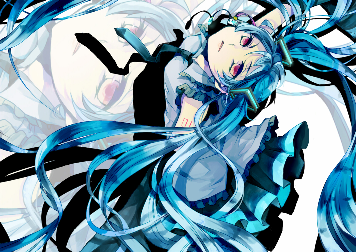 blue_hair, hatsune_miku, long_hair, microphone, nozaki_tsubata, red_eyes, skirt, tie