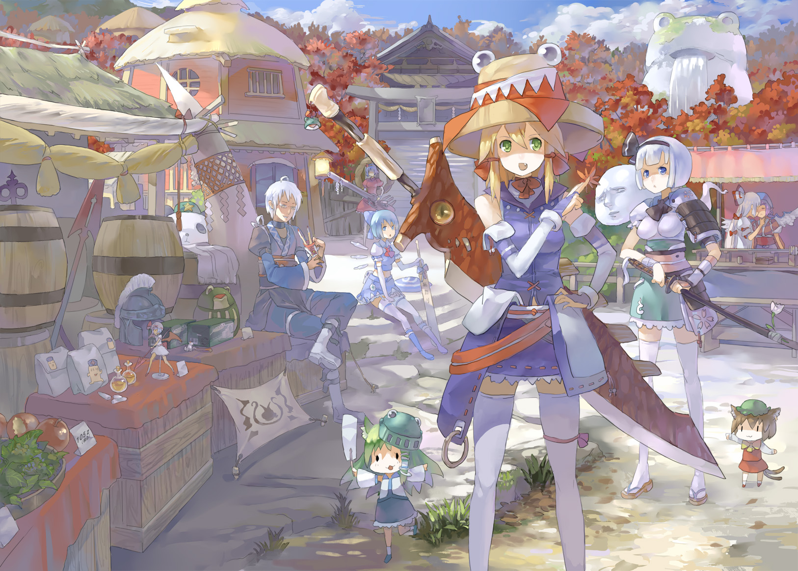 77gl, animal_ears, apple, armor, autumn, blonde_hair, blue_eyes, blue_hair