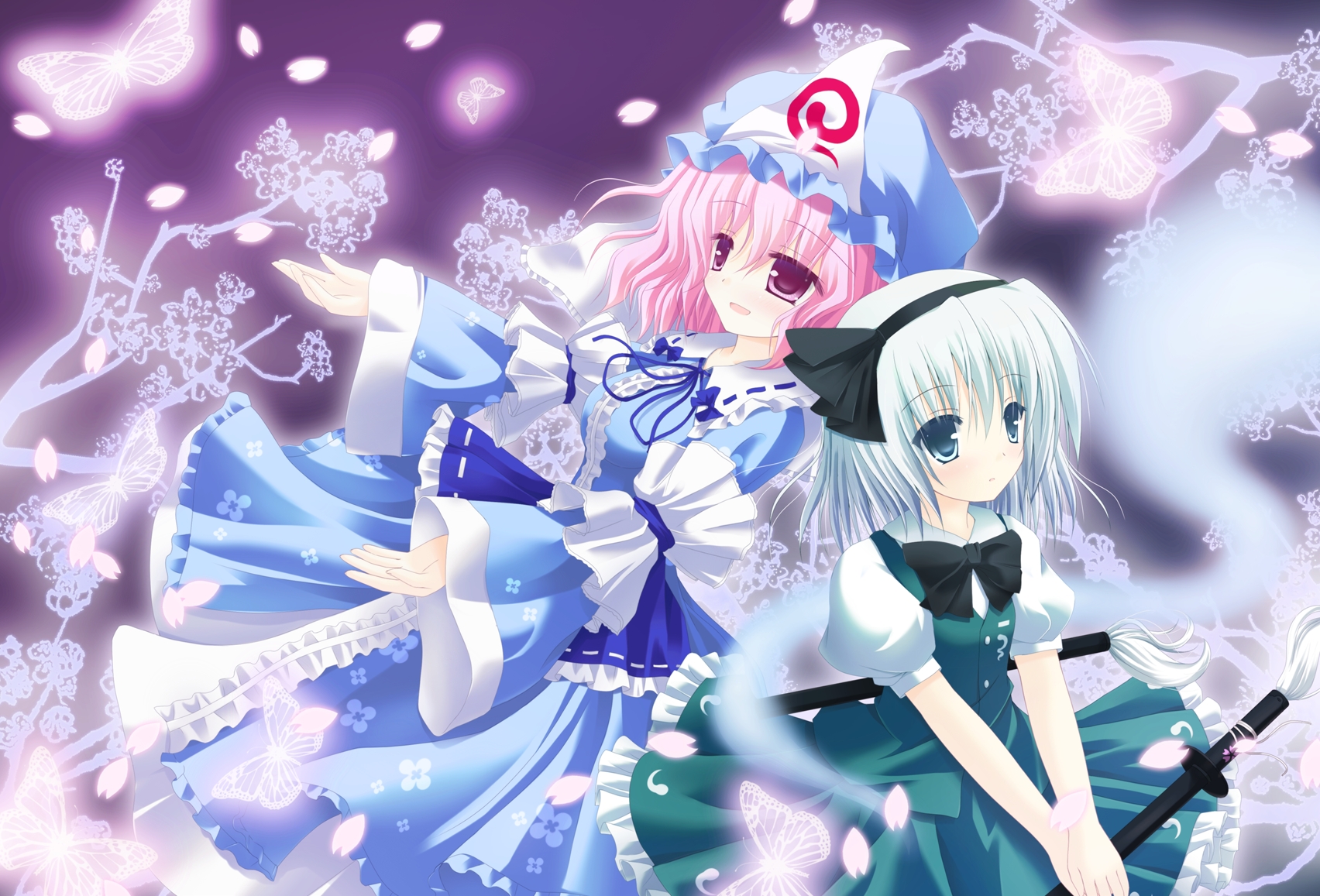 2girls, blue_eyes, butterfly, dress, hat, headband, katana, konpaku_youmu