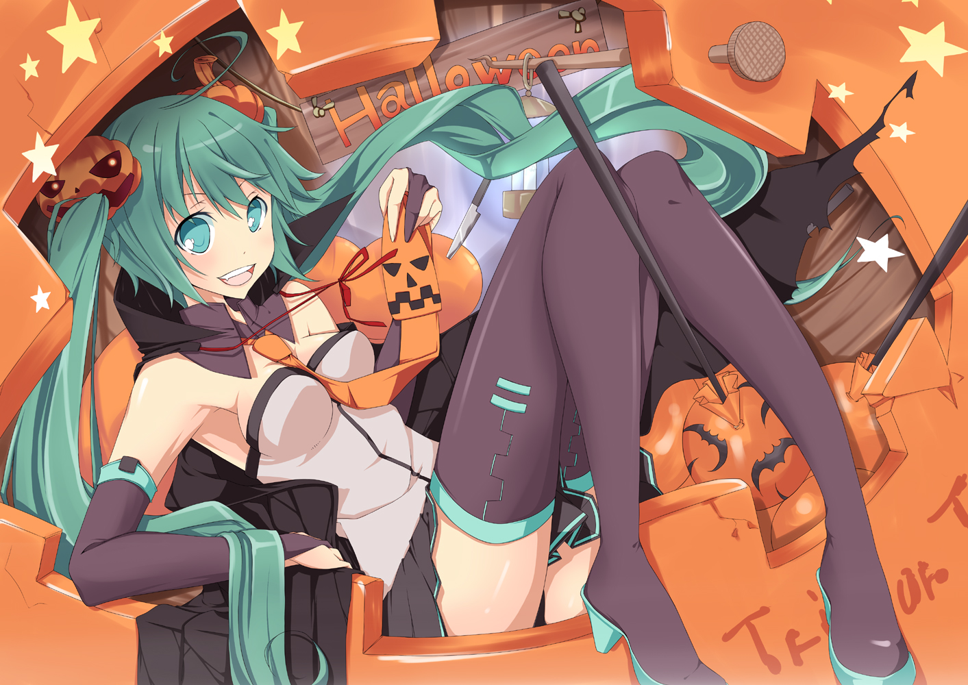 halloween, hatsune_miku, natsuki_yuu, thighhighs, tie, twintails, vocaloid