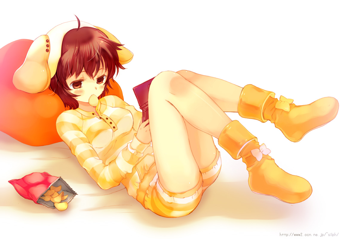 animal_ears, blush, boots, bow, brown_eyes, doggirl, food, game_console, nintendo, red_hair, takeda_mika, watermark, white