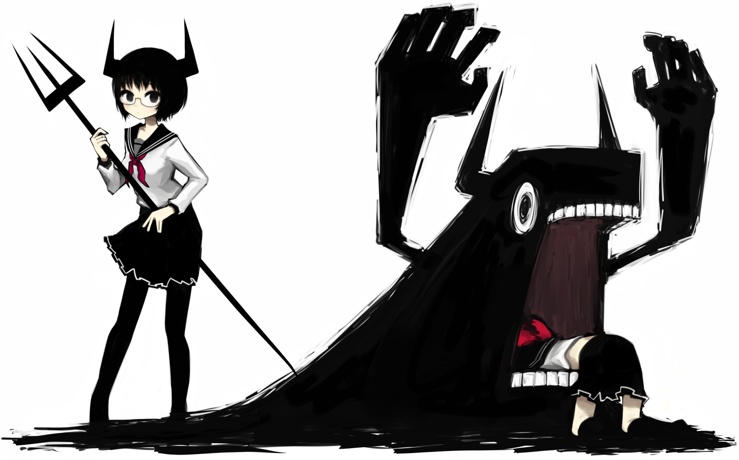 2girls, black_eyes, black_hair, glasses, horns, morina_nao, original, school_uniform, short_hair, skirt, thighhighs, weapon, white