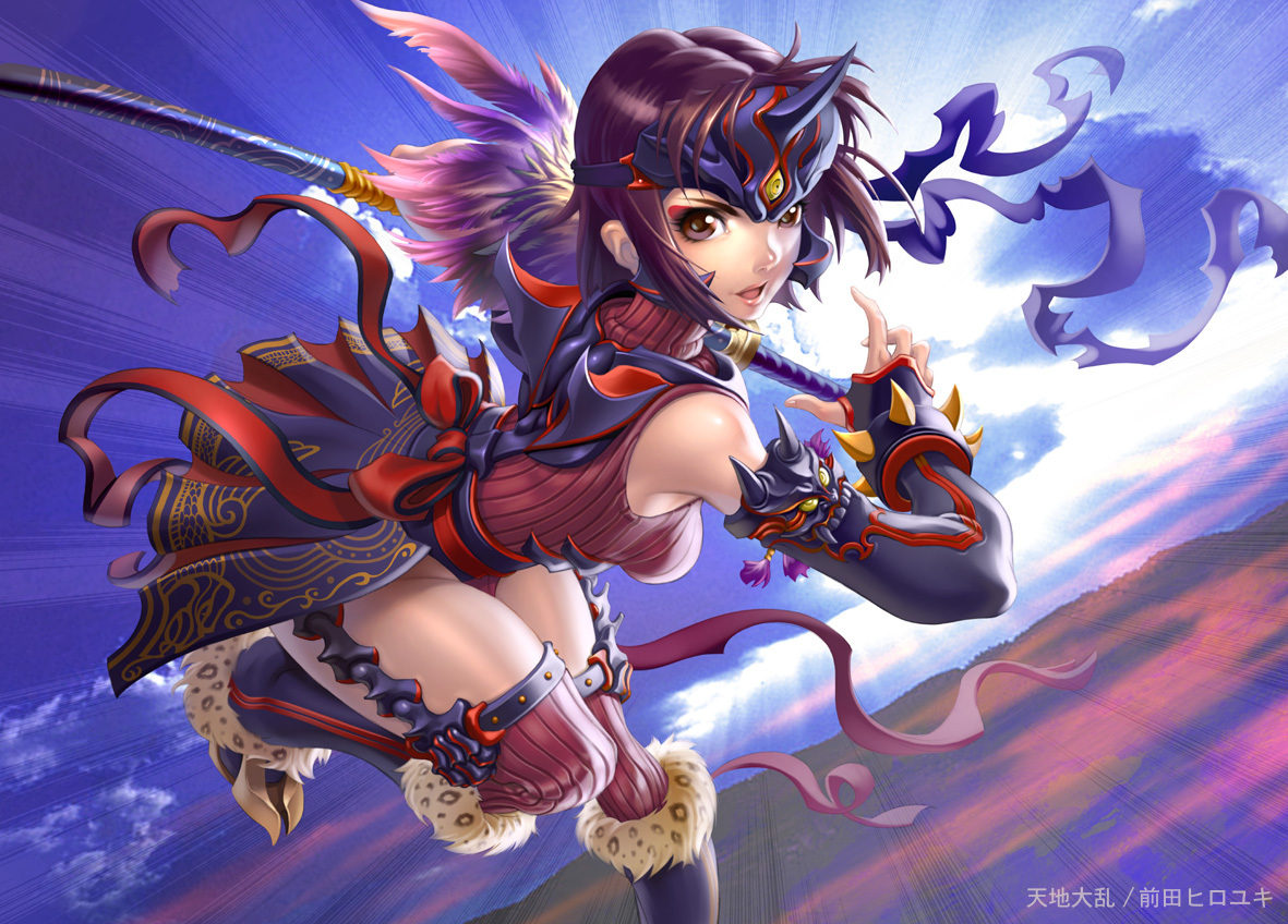 boots, brown_eyes, brown_hair, clouds, katana, maeda_hiroyuki, original, short_hair, sky, sword, thighhighs, weapon
