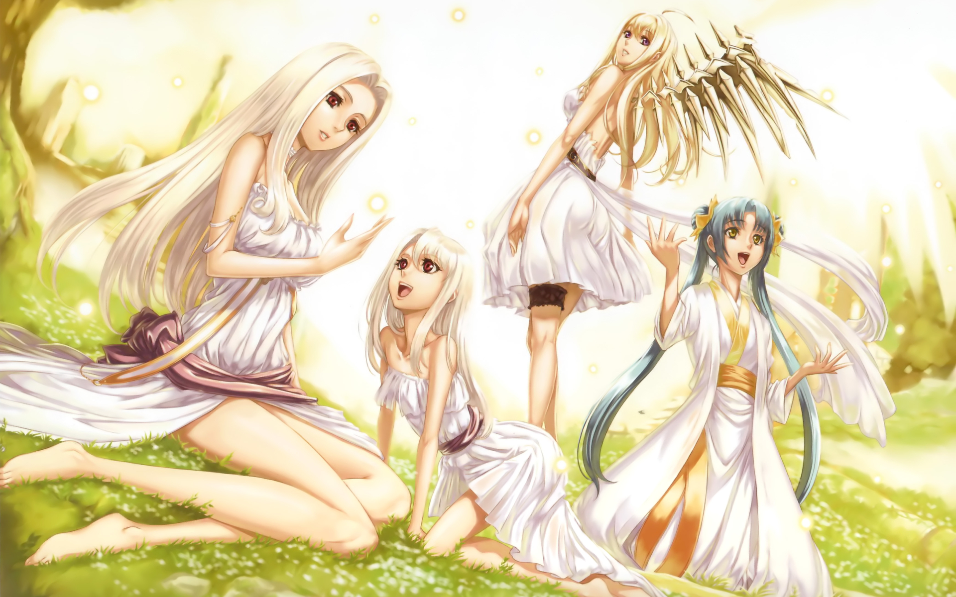 anna, barefoot, blonde_hair, blue_hair, carnevale_della_luce_della_luna, crossover, dress, eiwa, fate_(series), fate/stay_night, group, illyasviel_von_einzbern, irisviel_von_einzbern, kikokugai, kong_ruili, loli, long_hair, nitroplus, purple_eyes, red_eyes, ribbons, twintails, type-moon, white_hair, wings, yellow_eyes