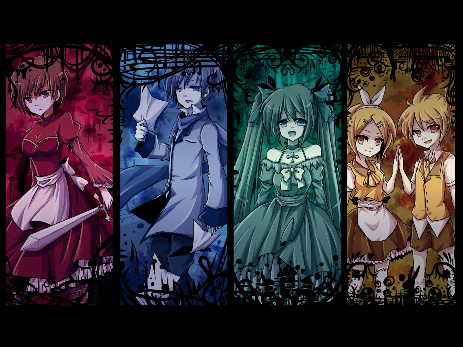 aku_no_meshitsukai_(vocaloid), aku_no_musume_(vocaloid), hatsune_miku, kagamine_len, kagamine_rin, kaito, male, meiko
