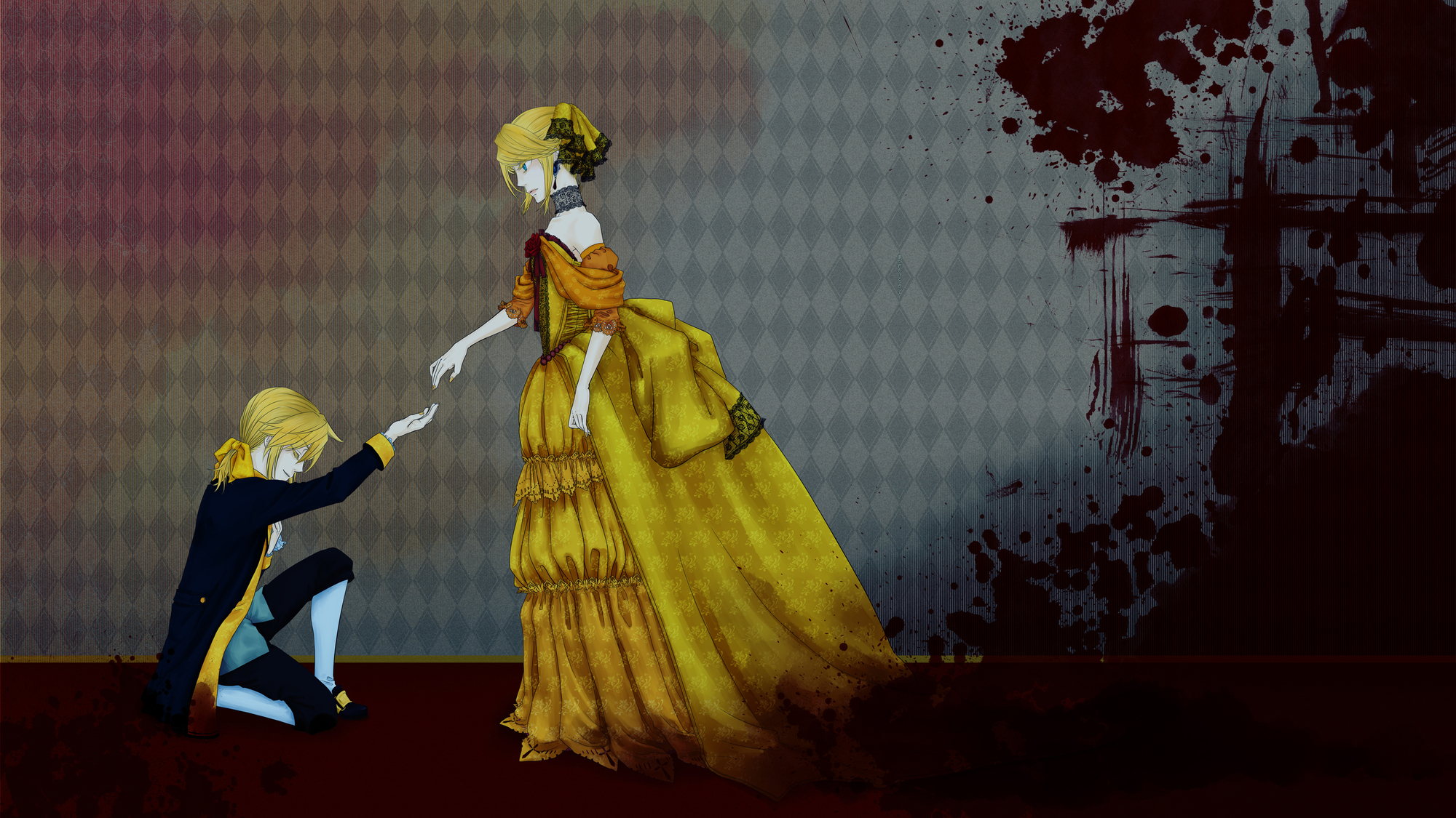 aku_no_meshitsukai_(vocaloid), aku_no_musume_(vocaloid), blood, kagamine_len, kagamine_rin, male, vocaloid
