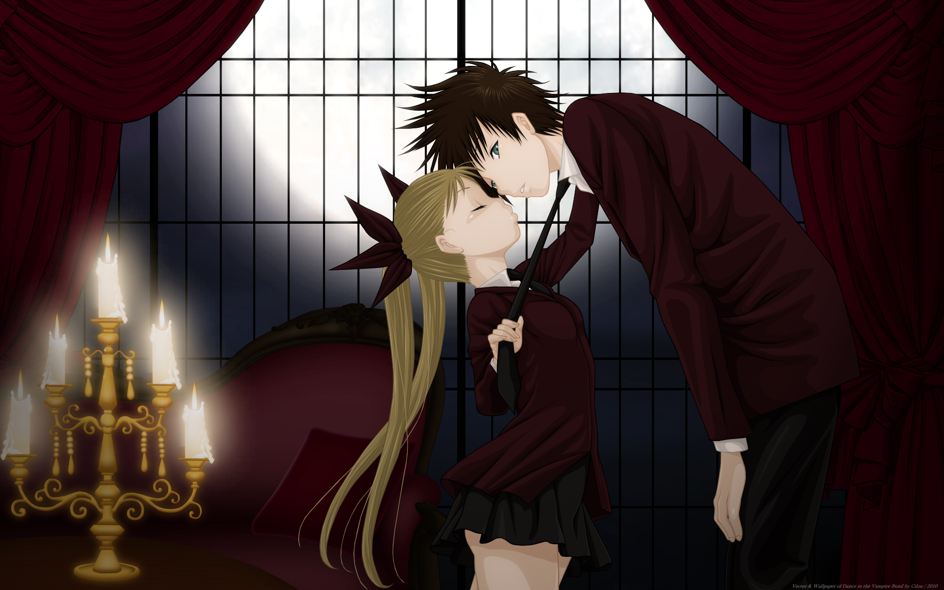 akira_kaburagi_regendorf, blonde_hair, blue_eyes, brown_hair, dance_in_the_vampire_bund, kiss, long_hair, mina_tepes