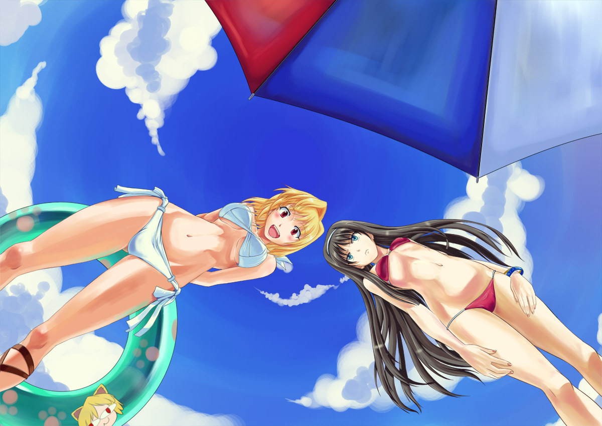 arcueid_brunestud, bikini, black_hair, blonde_hair, blue_eyes, blush, long_hair, melty_blood