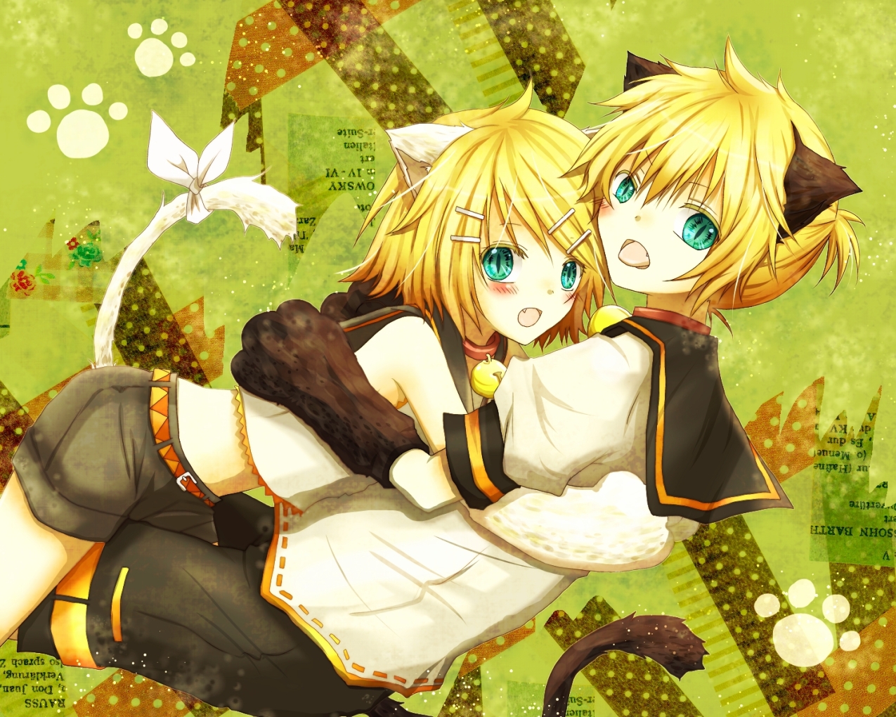 animal_ears, blonde_hair, catboy, catgirl, hug, kagamine_len, kagamine_rin, male, tail, utaori, vocaloid