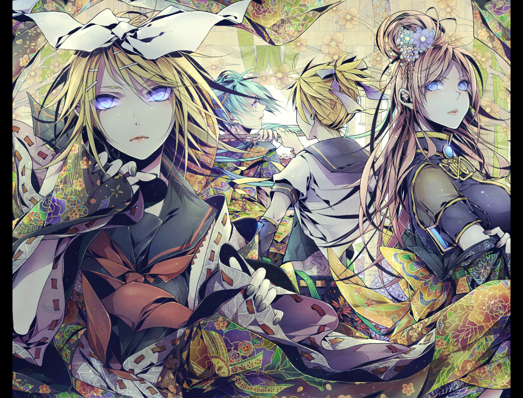 aliasing, blonde_hair, blue_eyes, group, hatsune_miku, japanese_clothes, kagamine_len, kagamine_rin, male, megurine_luka, nai_kitsu, vocaloid