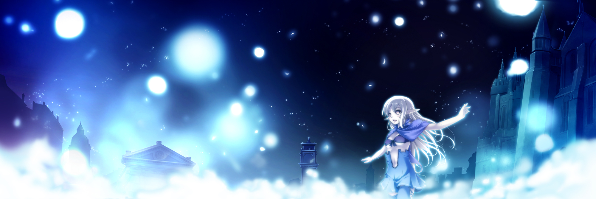 kazakura, landscape, long_hair, night, pointed_ears, scenic, stars