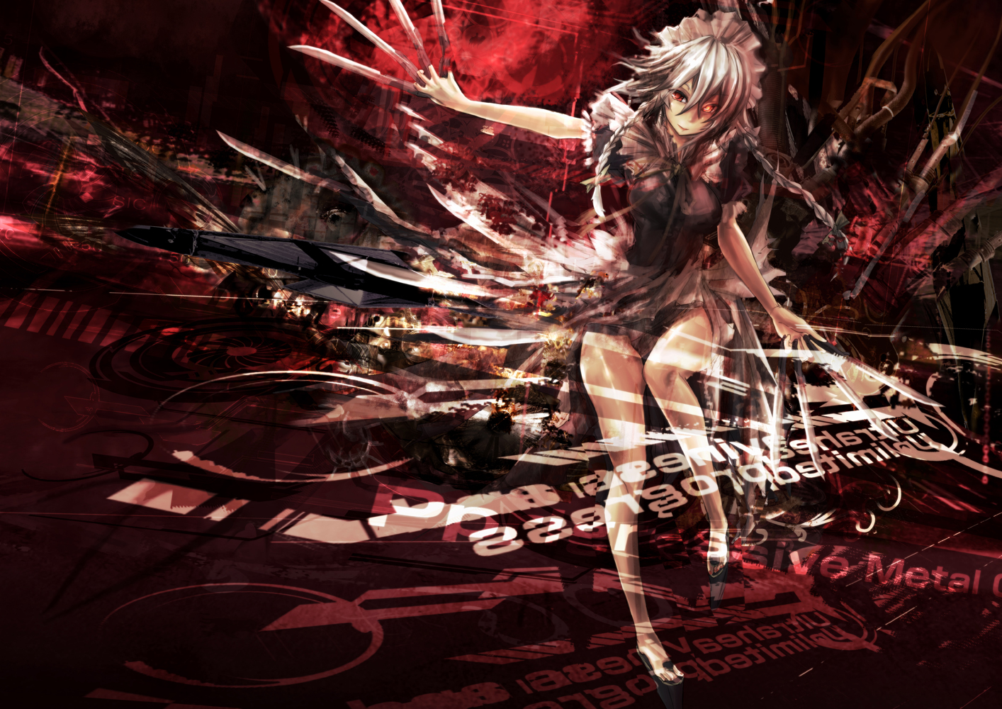 izayoi_sakuya, knife, maid, red_eyes, rib:y(uhki), touhou, weapon, white_hair