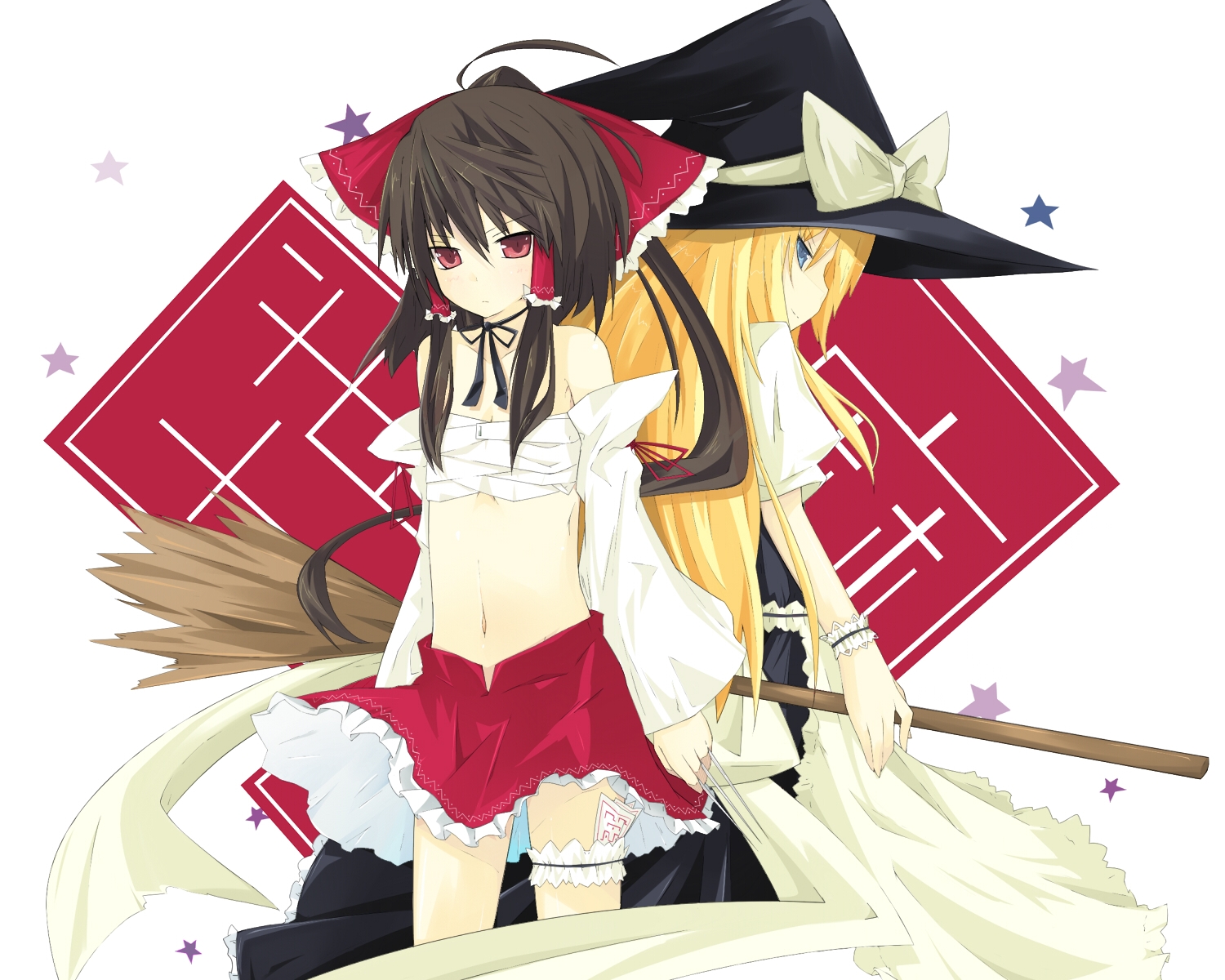 2girls, hakurei_reimu, japanese_clothes, kirisame_marisa, kitsune_(scaz), miko, ofuda, sarashi
