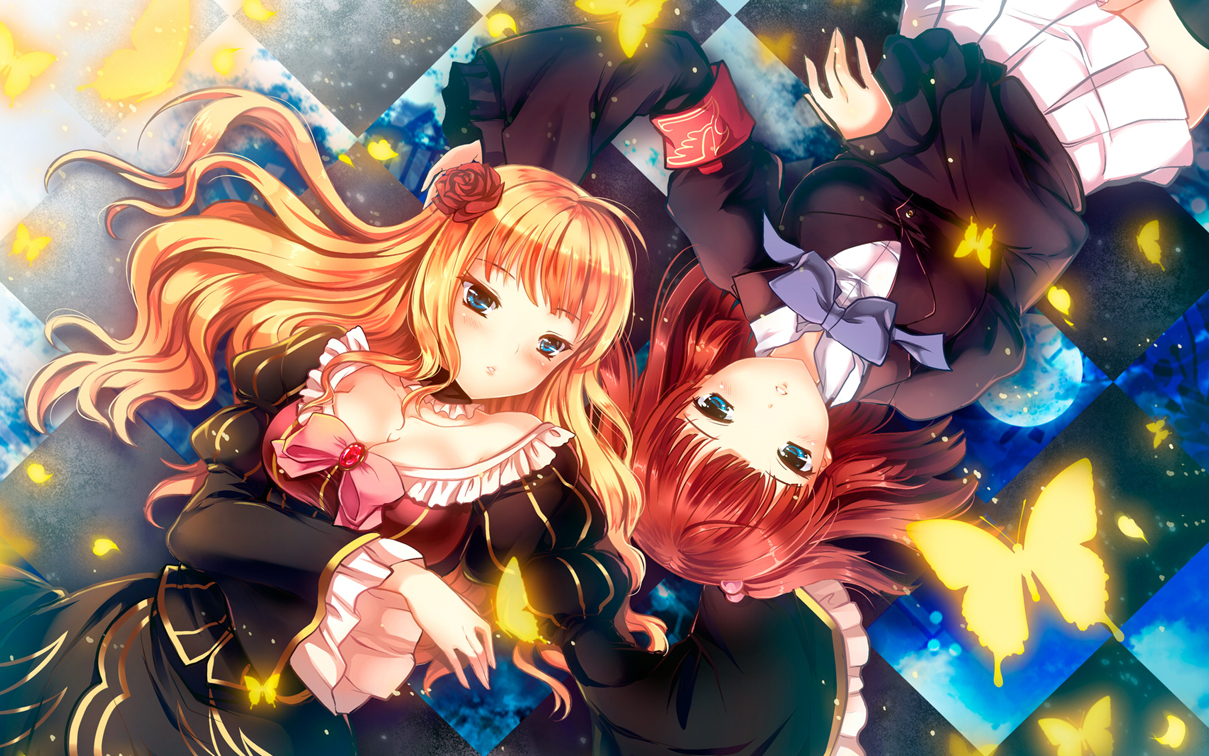 beatrice, blonde_hair, butterfly, red_hair, sadakofxe, umineko_no_naku_koro_ni, ushiromiya_ange