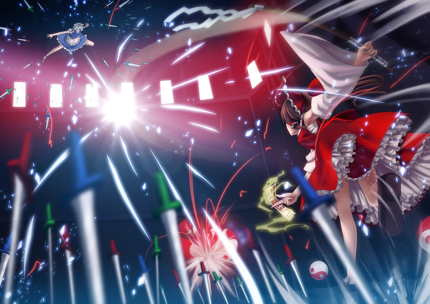 din_(flypaper), hakurei_reimu, izayoi_sakuya, japanese_clothes, maid, miko, sword, touhou