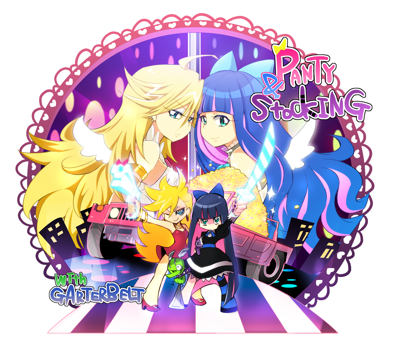 blonde_hair, blue_hair, chuck, gun, kamiya_zuzu, katana, panty_&_stocking_with_garterbelt, panty_(character)
