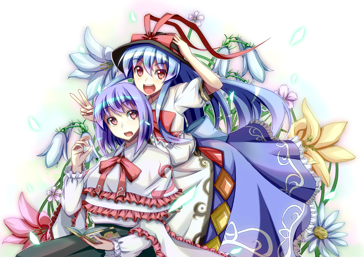 2girls, akiyasu, blue_hair, dress, flowers, hat, hinanawi_tenshi, nagae_iku, purple_hair, red_eyes, touhou