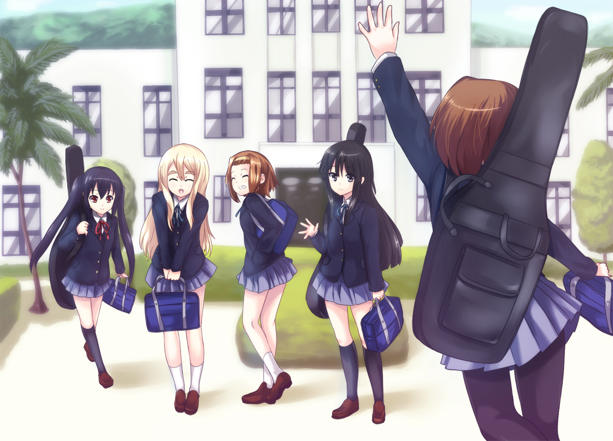 akiyama_mio, hinata_sora, hirasawa_yui, instrument, k-on!, kotobuki_tsumugi, nakano_azusa, school_uniform