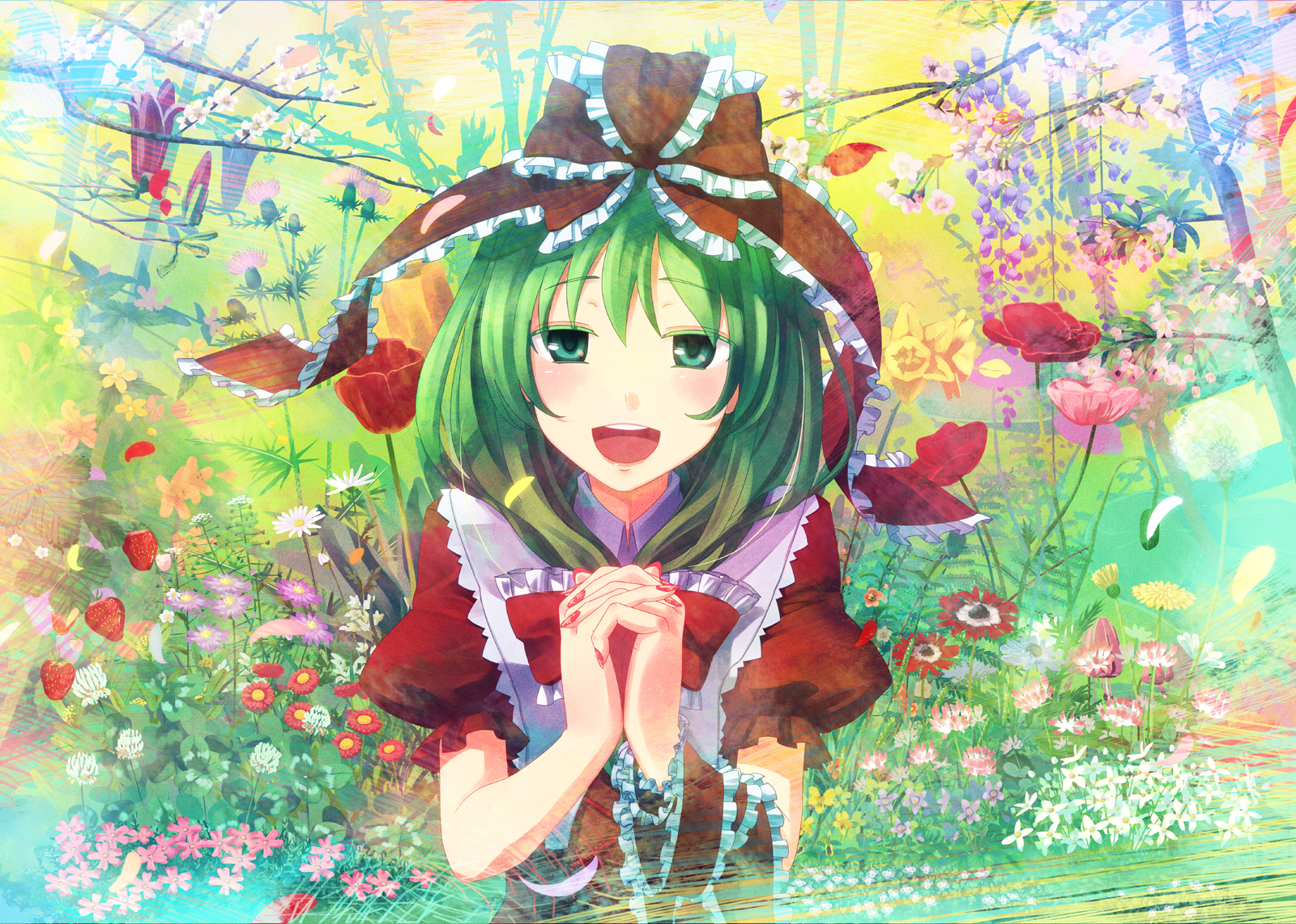 flowers, green_eyes, green_hair, kagiyama_hina, ribbons, takuzui, touhou