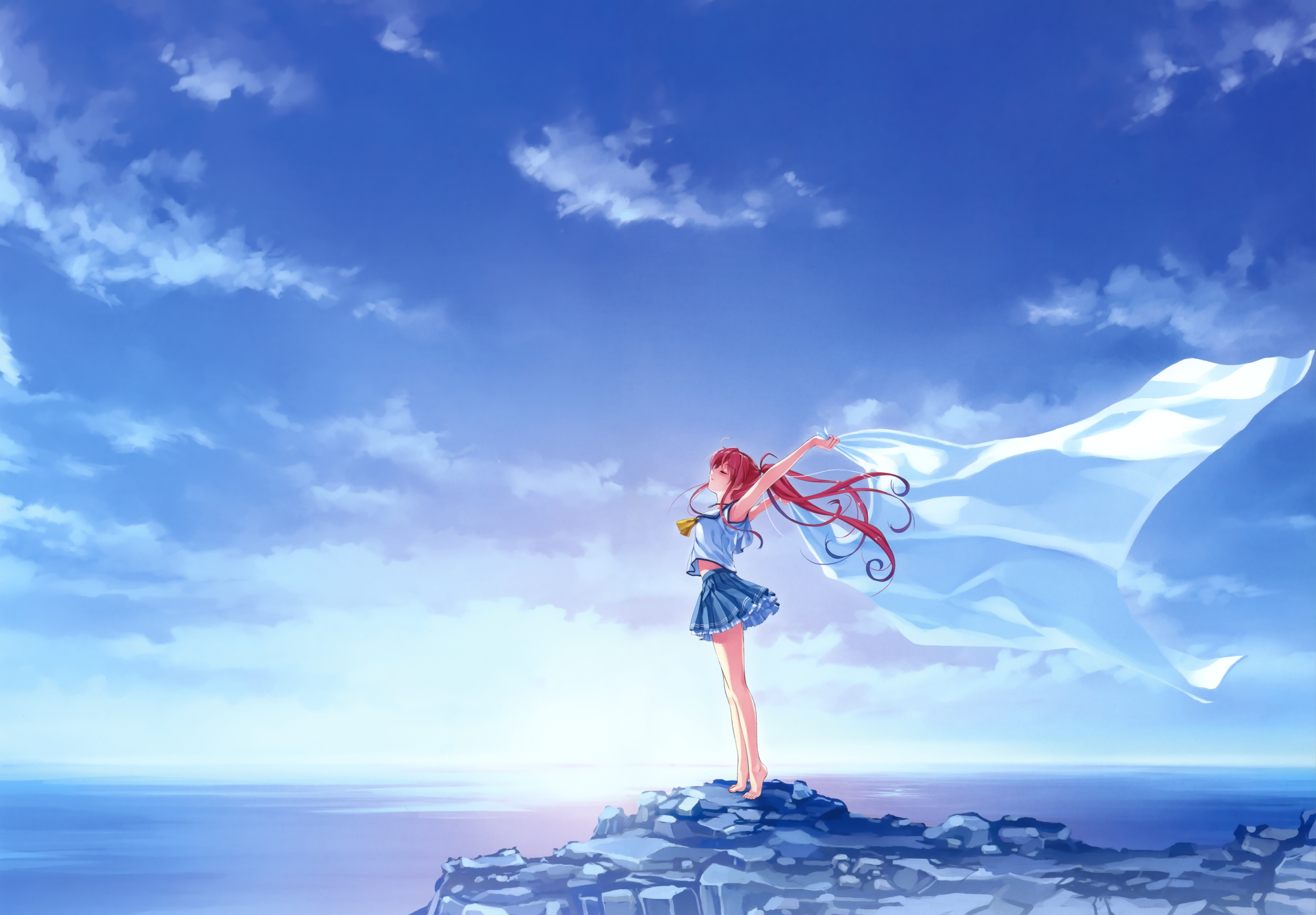 abhar, barefoot, clouds, deep_blue_sky_&_pure_white_wings, misaki_kurehito, miyamae_tomoka, ponytail, red_hair