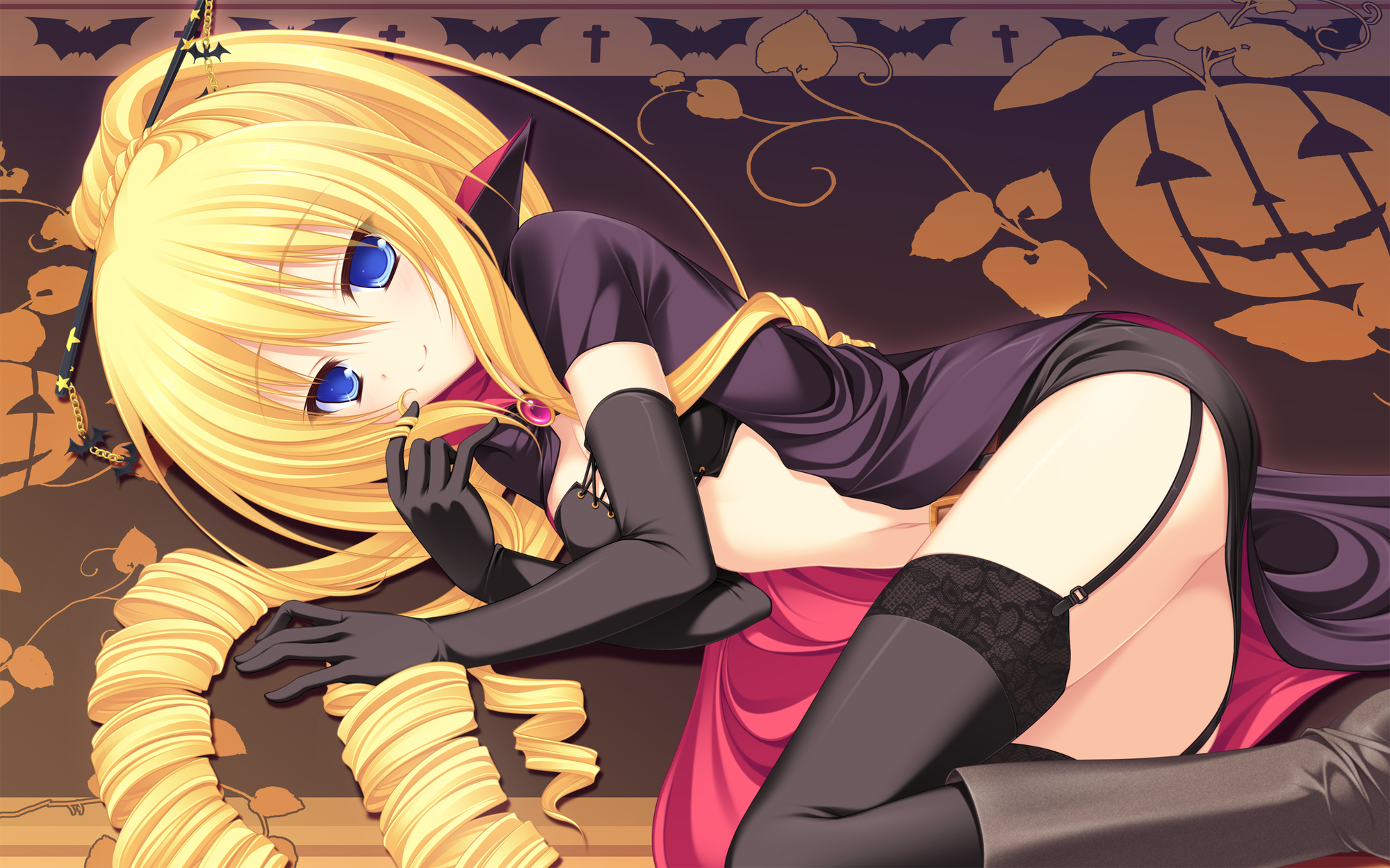 animal, bat, blonde_hair, blue_eyes, boots, cape, elbow_gloves, garter_belt, gloves, halloween, koshimizu_rei, leaf, mikagami_mamizu, neko_koi, pumpkin, thighhighs, whirlpool