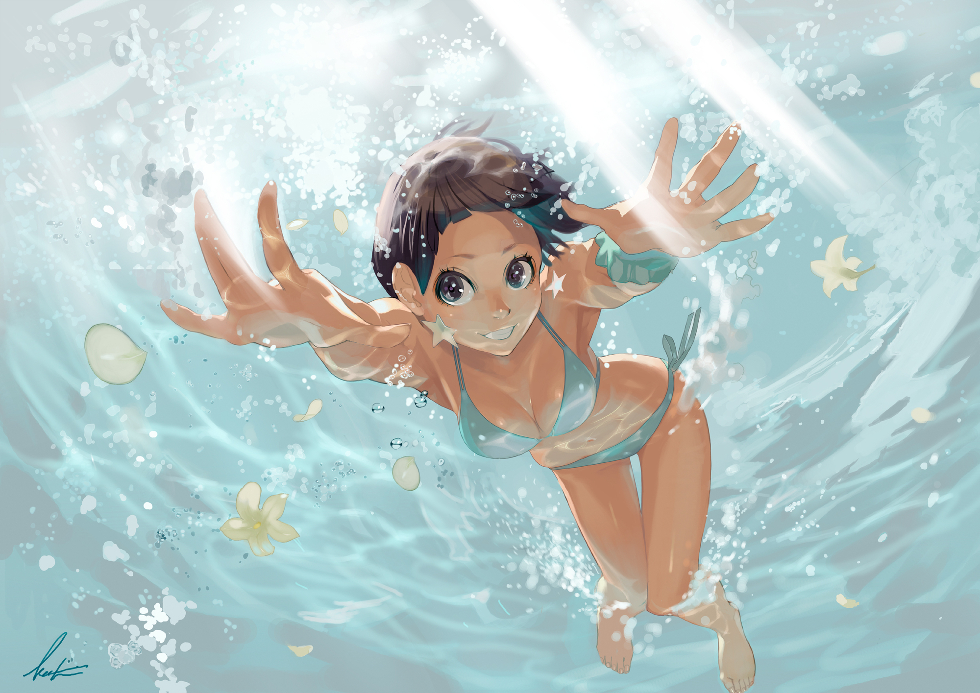 barefoot, bikini, black_eyes, brown_hair, flowers, short_hair, swimsuit, temoshi, underwater, water