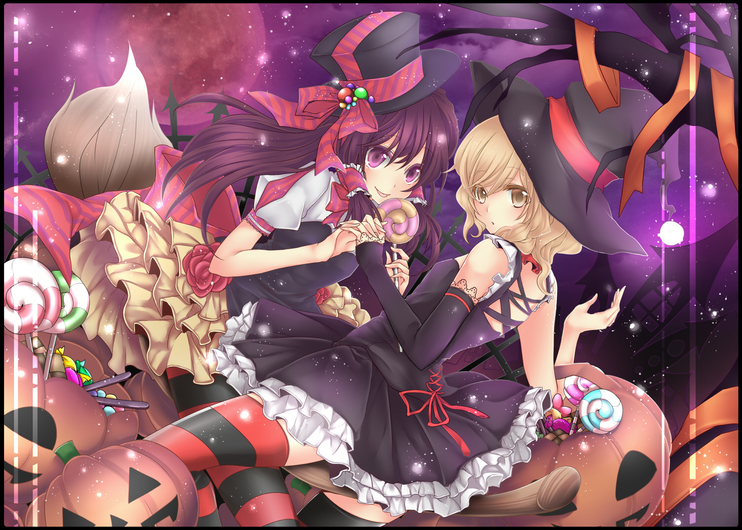 2girls, hakurei_reimu, halloween, hat, kirisame_marisa, moon, rimu_(rim573), tail, thighhighs, touhou, witch
