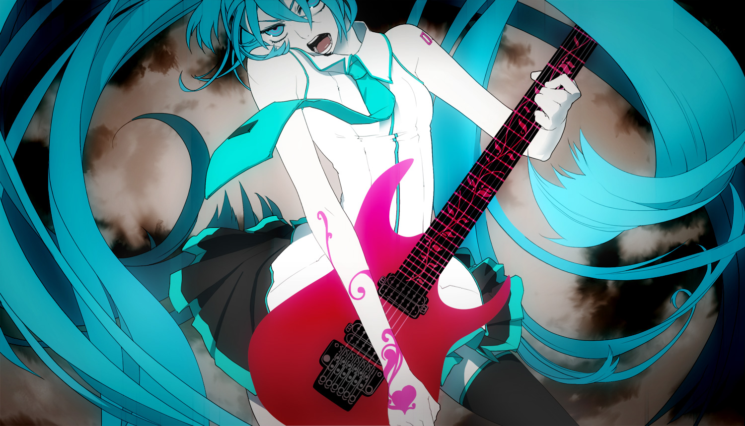 aqua_hair, guitar, hatsune_miku, instrument, koi_wa_sensou_(vocaloid), long_hair, tie, twintails, vocaloid, yuanmaru