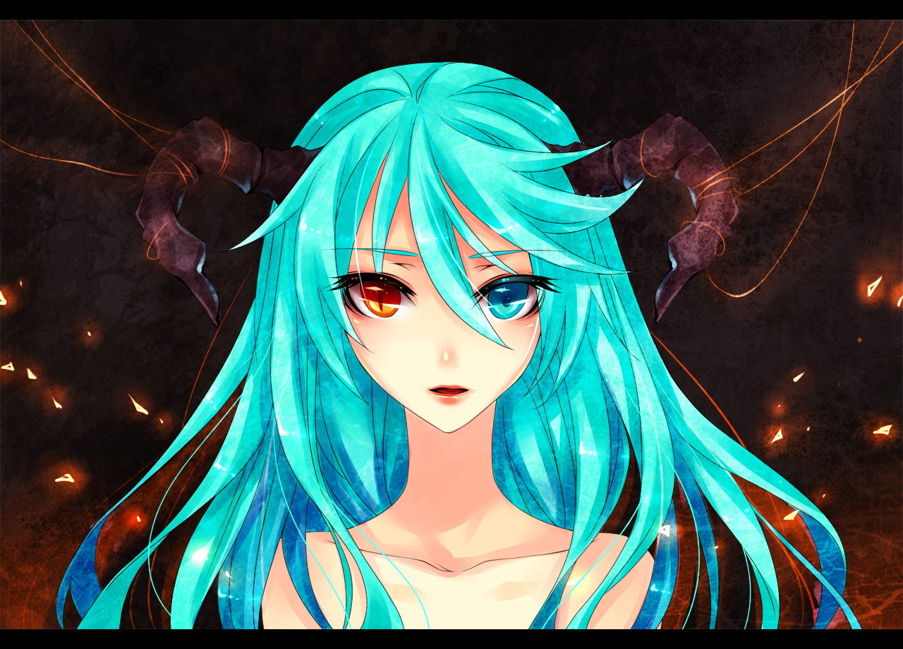 aqua_hair, bicolored_eyes, halloween, hatsune_miku, horns, long_hair, natsuki, vocaloid