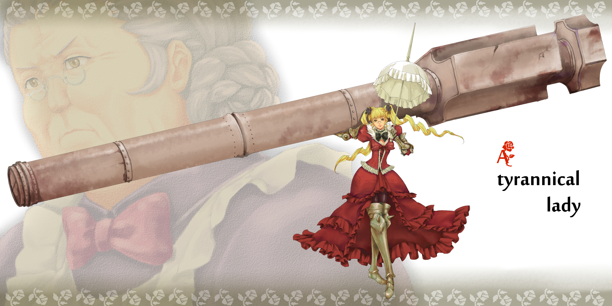 blonde_hair, dress, glasses, hoheto, ireia_kitty, long_hair, tatakau_shisho:_the_book_of_bantorra, twintails, umbrella, weapon