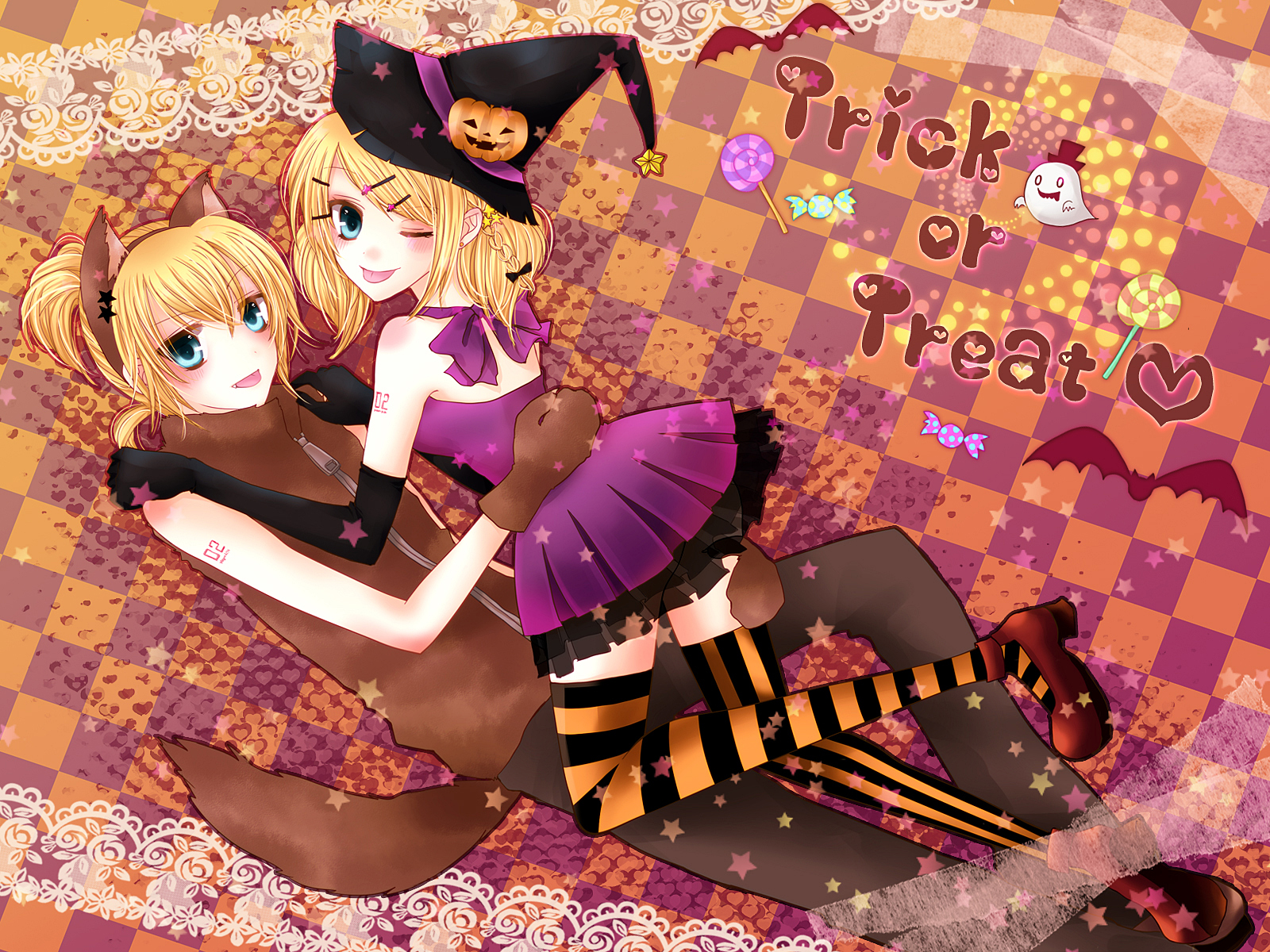 animal_ears, halloween, hat, hug, kagamine_len, kagamine_rin, male, tail, thighhighs, trick_and_treat_(vocaloid), vocaloid, wink, witch_hat